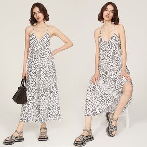 XIRENA Floral Geo Dot Cotton V-Neck Sleeveless Tassel Tie Open Back Maxi Dress M